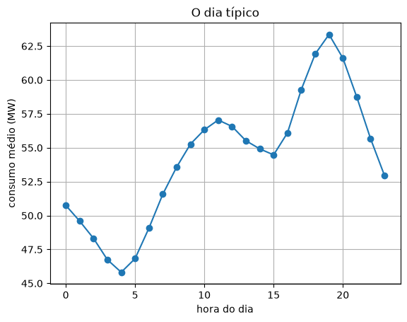 O dia típico: vale às 4 h, subida de manhã, um patamar à tarde e pico às 19 h